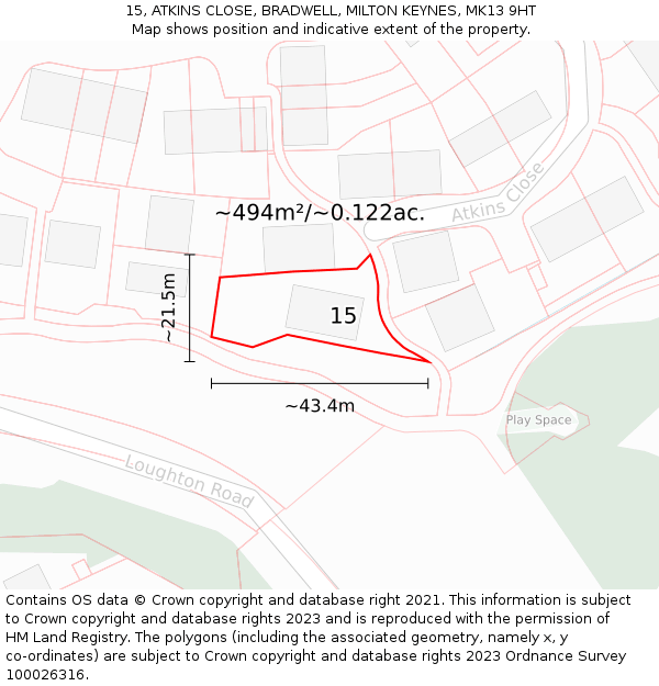15, ATKINS CLOSE, BRADWELL, MILTON KEYNES, MK13 9HT: Plot and title map
