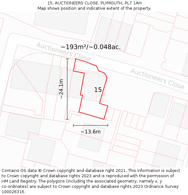 15, AUCTIONEERS CLOSE, PLYMOUTH, PL7 1AH: Plot and title map