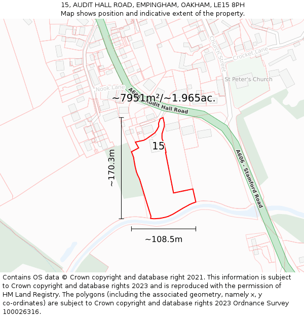 15, AUDIT HALL ROAD, EMPINGHAM, OAKHAM, LE15 8PH: Plot and title map
