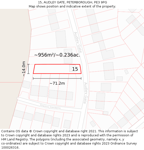 15, AUDLEY GATE, PETERBOROUGH, PE3 9PG: Plot and title map