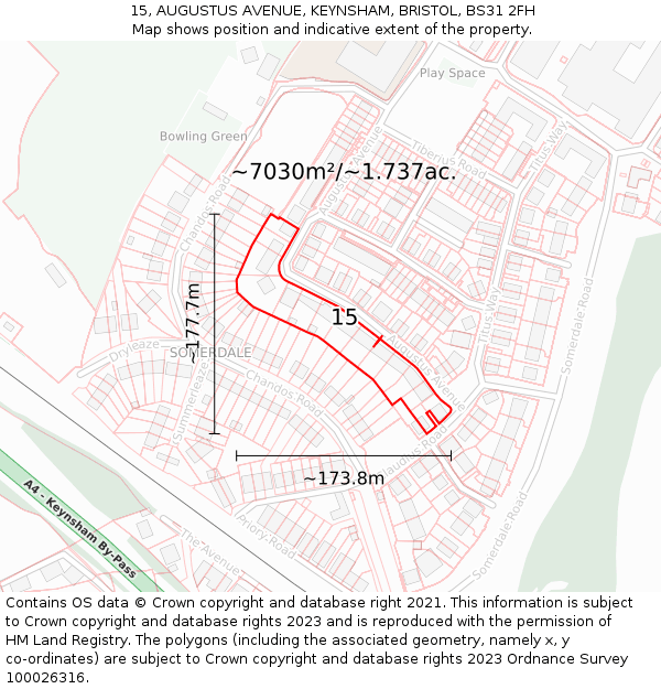 15, AUGUSTUS AVENUE, KEYNSHAM, BRISTOL, BS31 2FH: Plot and title map