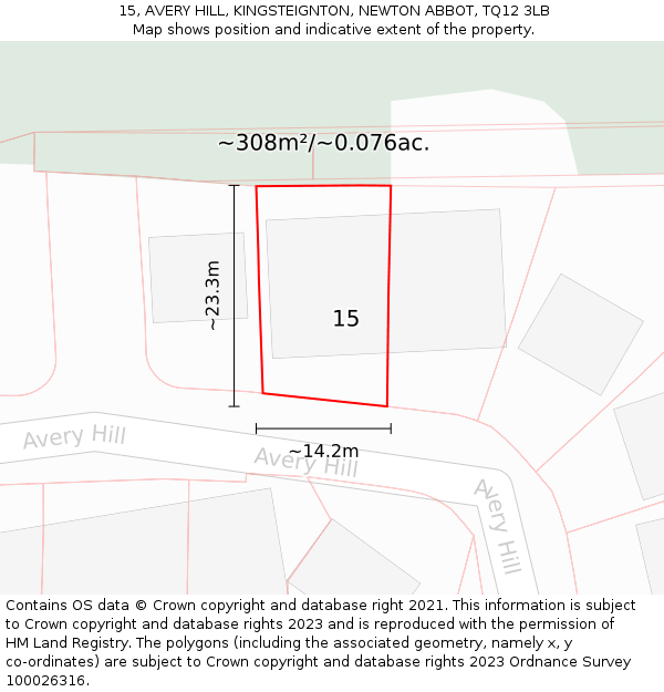 15, AVERY HILL, KINGSTEIGNTON, NEWTON ABBOT, TQ12 3LB: Plot and title map