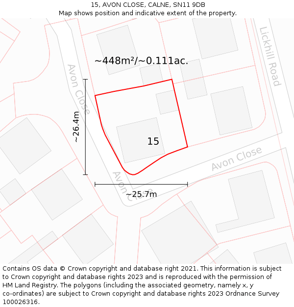 15, AVON CLOSE, CALNE, SN11 9DB: Plot and title map