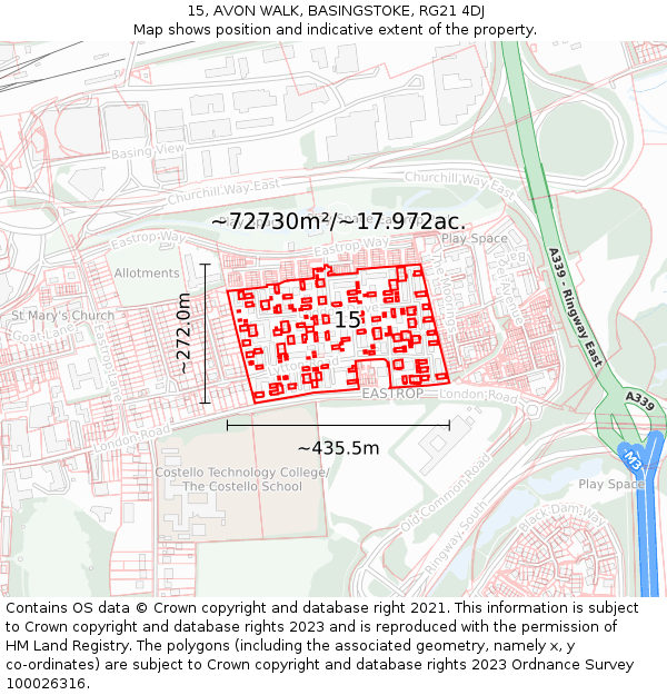 15, AVON WALK, BASINGSTOKE, RG21 4DJ: Plot and title map