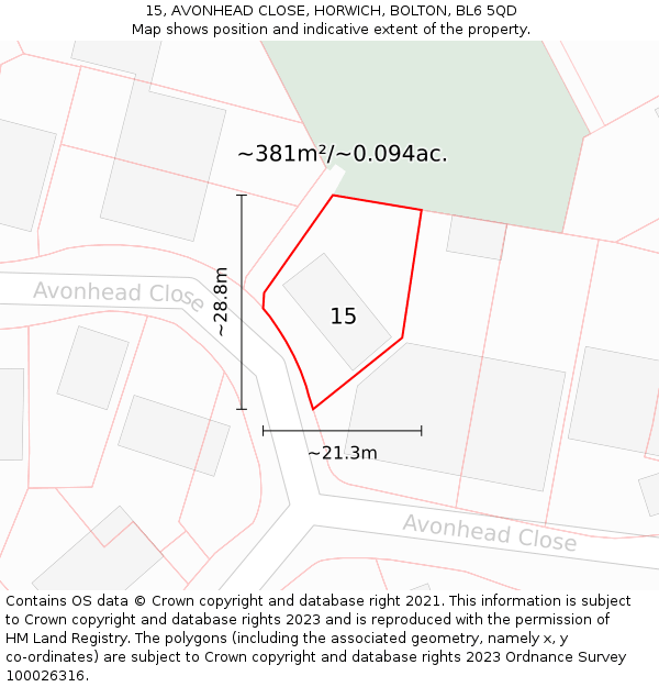 15, AVONHEAD CLOSE, HORWICH, BOLTON, BL6 5QD: Plot and title map
