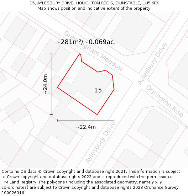 15, AYLESBURY DRIVE, HOUGHTON REGIS, DUNSTABLE, LU5 6FX: Plot and title map