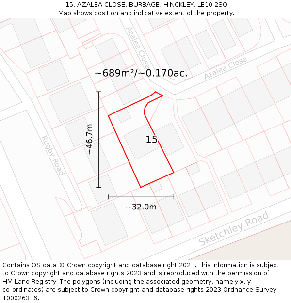 15, AZALEA CLOSE, BURBAGE, HINCKLEY, LE10 2SQ: Plot and title map