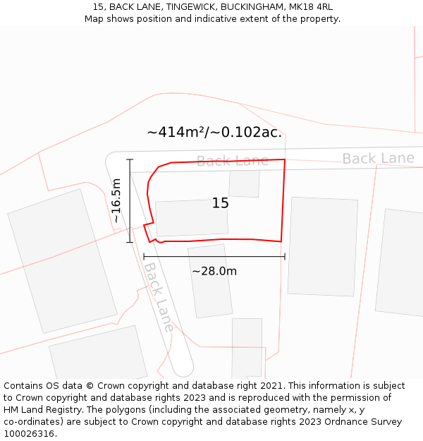 15, BACK LANE, TINGEWICK, BUCKINGHAM, MK18 4RL: Plot and title map