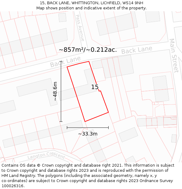 15, BACK LANE, WHITTINGTON, LICHFIELD, WS14 9NH: Plot and title map