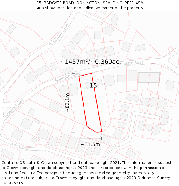 15, BADGATE ROAD, DONINGTON, SPALDING, PE11 4SA: Plot and title map