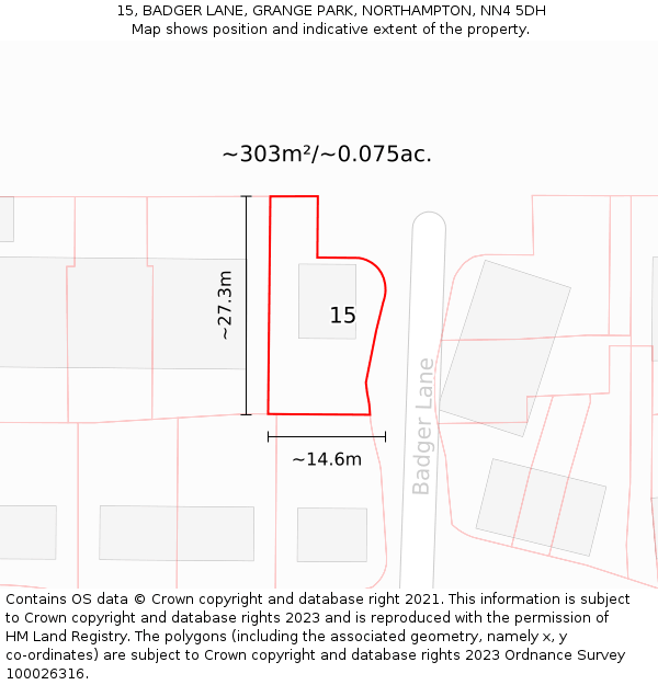 15, BADGER LANE, GRANGE PARK, NORTHAMPTON, NN4 5DH: Plot and title map