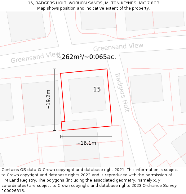 15, BADGERS HOLT, WOBURN SANDS, MILTON KEYNES, MK17 8GB: Plot and title map