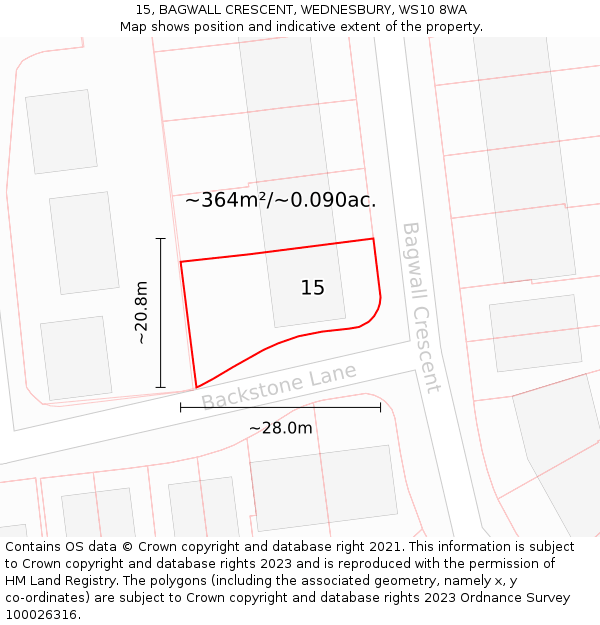 15, BAGWALL CRESCENT, WEDNESBURY, WS10 8WA: Plot and title map