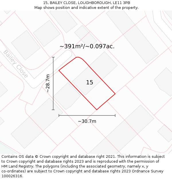 15, BAILEY CLOSE, LOUGHBOROUGH, LE11 3PB: Plot and title map