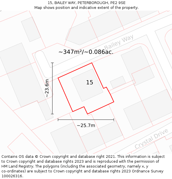 15, BAILEY WAY, PETERBOROUGH, PE2 9SE: Plot and title map