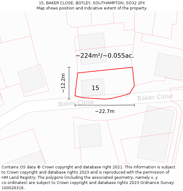 15, BAKER CLOSE, BOTLEY, SOUTHAMPTON, SO32 2FX: Plot and title map