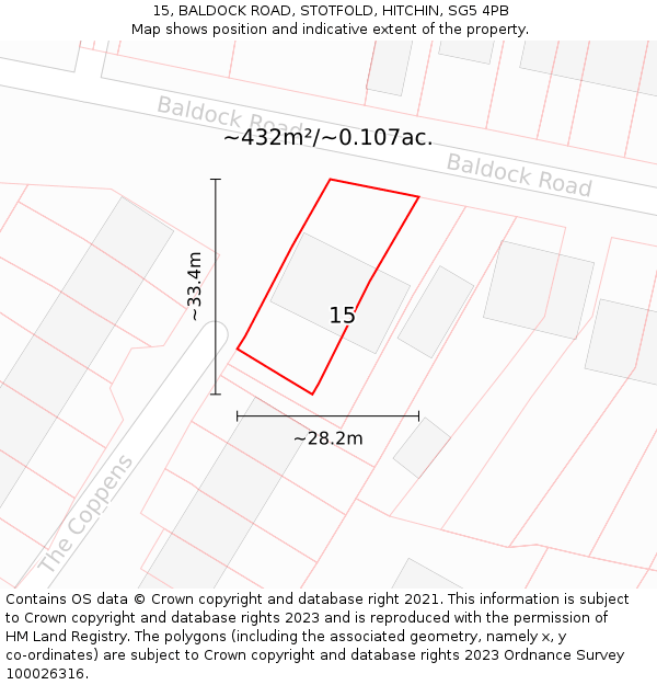 15, BALDOCK ROAD, STOTFOLD, HITCHIN, SG5 4PB: Plot and title map