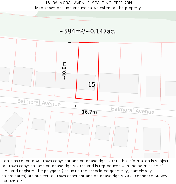 15, BALMORAL AVENUE, SPALDING, PE11 2RN: Plot and title map