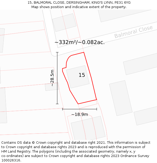 15, BALMORAL CLOSE, DERSINGHAM, KING'S LYNN, PE31 6YG: Plot and title map
