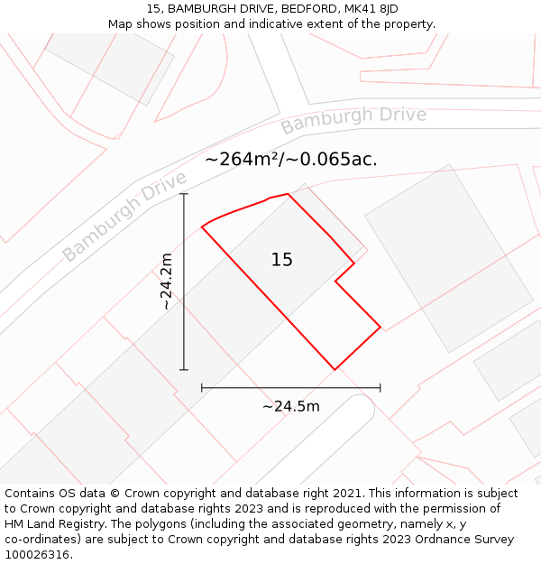 15, BAMBURGH DRIVE, BEDFORD, MK41 8JD: Plot and title map