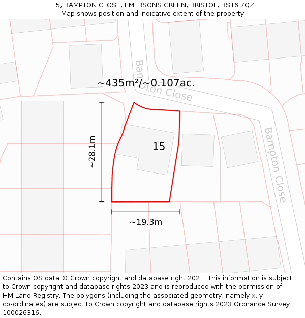 15, BAMPTON CLOSE, EMERSONS GREEN, BRISTOL, BS16 7QZ: Plot and title map