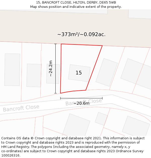 15, BANCROFT CLOSE, HILTON, DERBY, DE65 5WB: Plot and title map