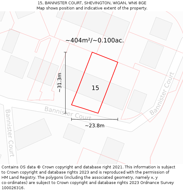 15, BANNISTER COURT, SHEVINGTON, WIGAN, WN6 8GE: Plot and title map