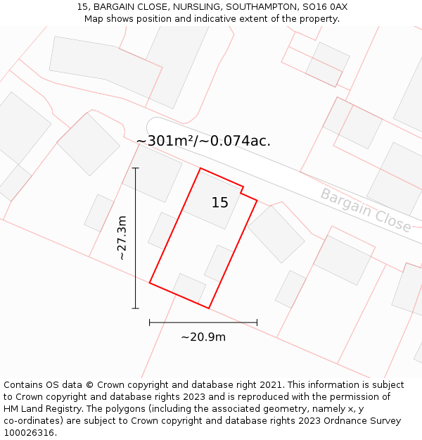 15, BARGAIN CLOSE, NURSLING, SOUTHAMPTON, SO16 0AX: Plot and title map