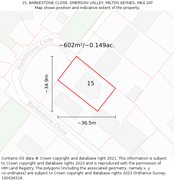 15, BARKESTONE CLOSE, EMERSON VALLEY, MILTON KEYNES, MK4 2AT: Plot and title map