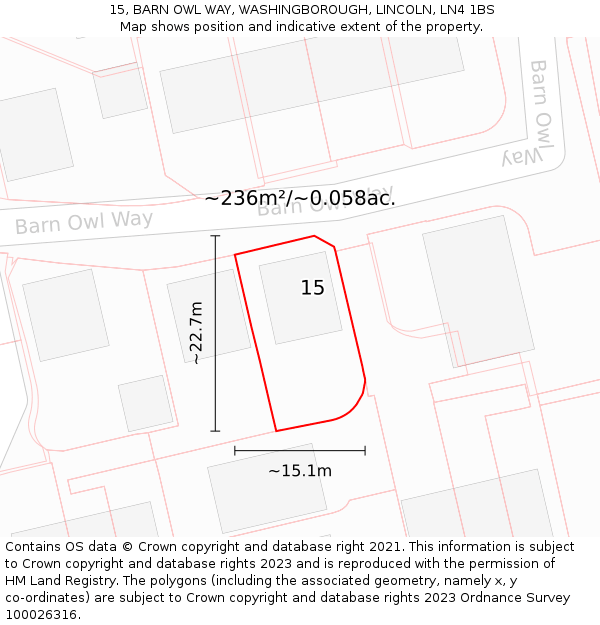 15, BARN OWL WAY, WASHINGBOROUGH, LINCOLN, LN4 1BS: Plot and title map