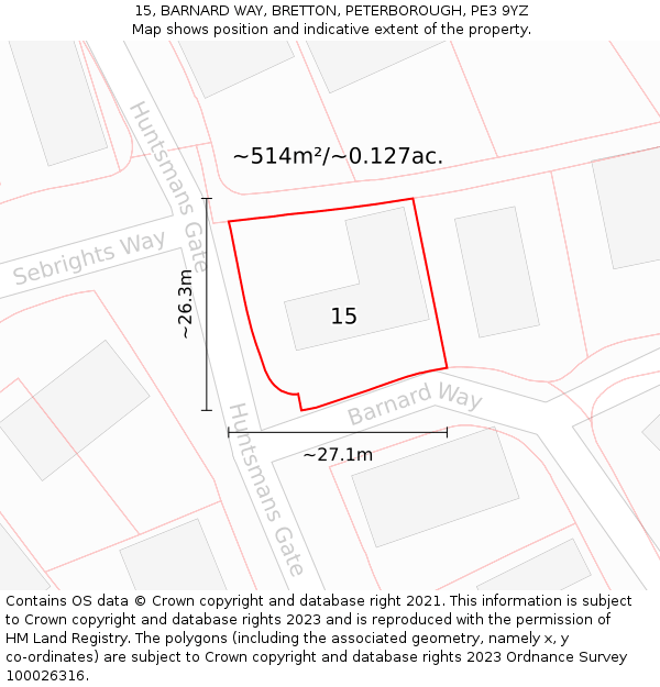 15, BARNARD WAY, BRETTON, PETERBOROUGH, PE3 9YZ: Plot and title map