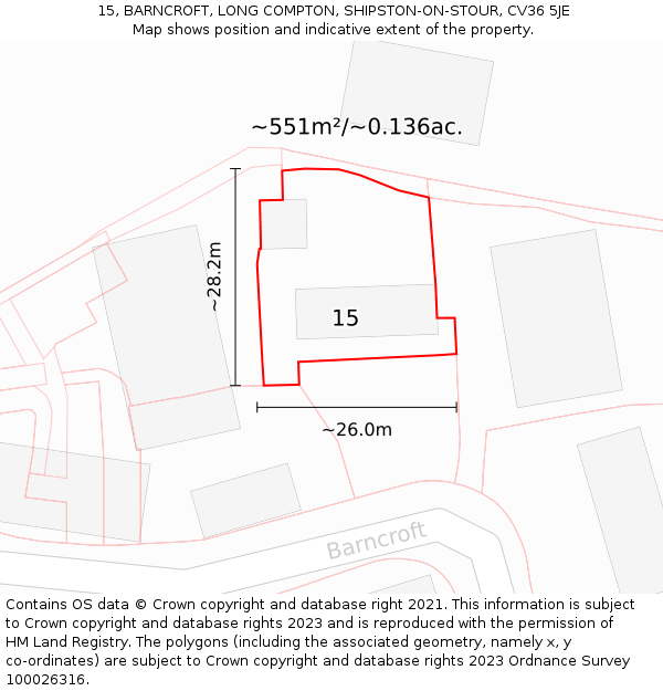 15, BARNCROFT, LONG COMPTON, SHIPSTON-ON-STOUR, CV36 5JE: Plot and title map