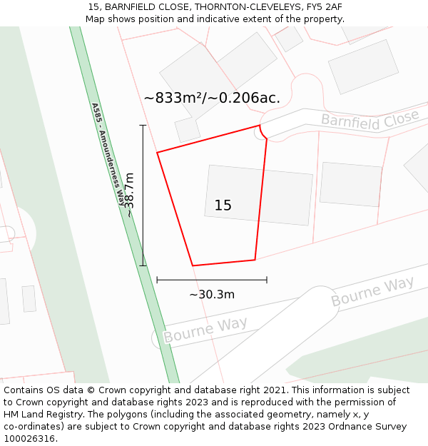 15, BARNFIELD CLOSE, THORNTON-CLEVELEYS, FY5 2AF: Plot and title map