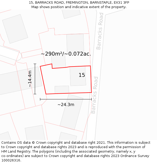 15, BARRACKS ROAD, FREMINGTON, BARNSTAPLE, EX31 3FP: Plot and title map
