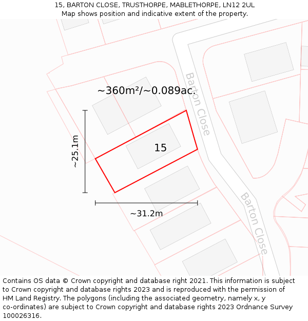 15, BARTON CLOSE, TRUSTHORPE, MABLETHORPE, LN12 2UL: Plot and title map