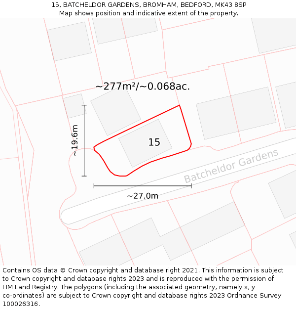 15, BATCHELDOR GARDENS, BROMHAM, BEDFORD, MK43 8SP: Plot and title map