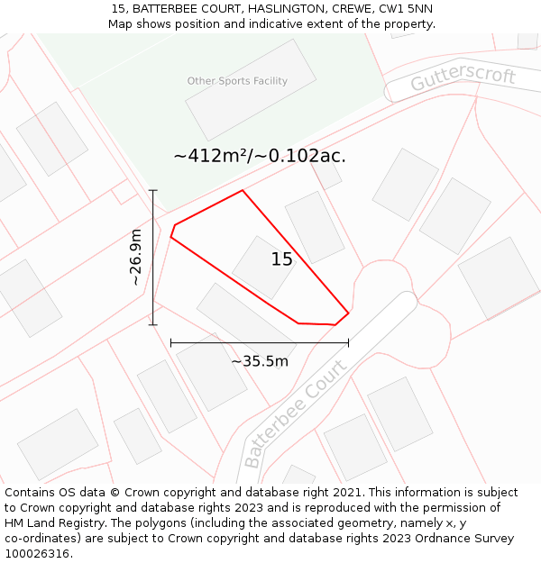 15, BATTERBEE COURT, HASLINGTON, CREWE, CW1 5NN: Plot and title map