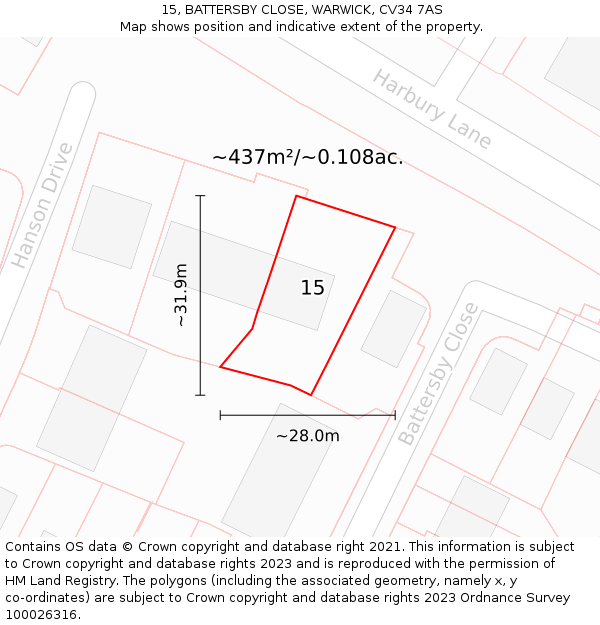 15, BATTERSBY CLOSE, WARWICK, CV34 7AS: Plot and title map