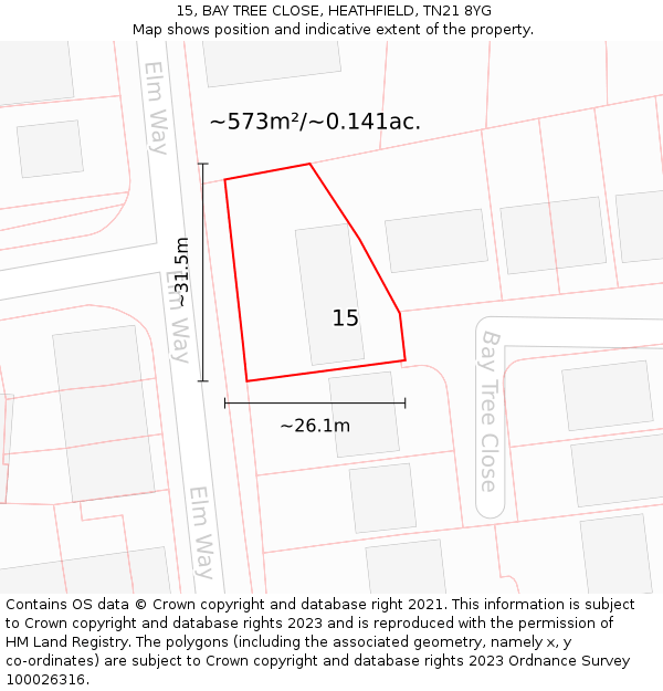 15, BAY TREE CLOSE, HEATHFIELD, TN21 8YG: Plot and title map