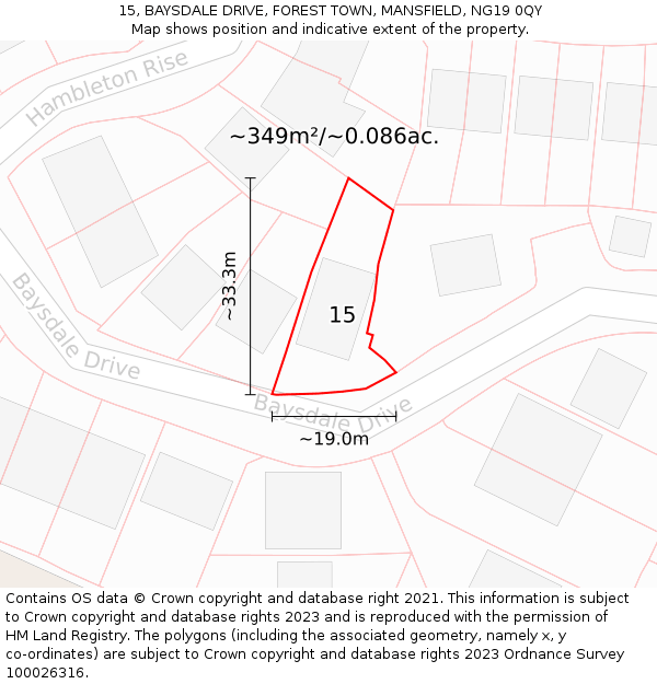 15, BAYSDALE DRIVE, FOREST TOWN, MANSFIELD, NG19 0QY: Plot and title map