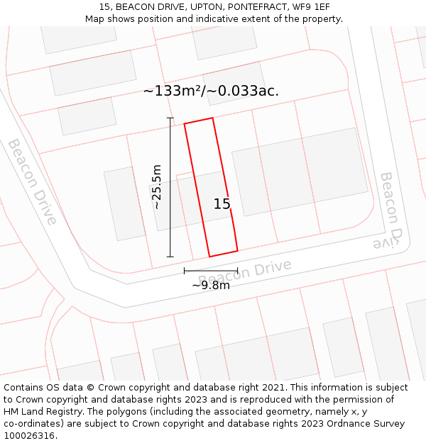 15, BEACON DRIVE, UPTON, PONTEFRACT, WF9 1EF: Plot and title map