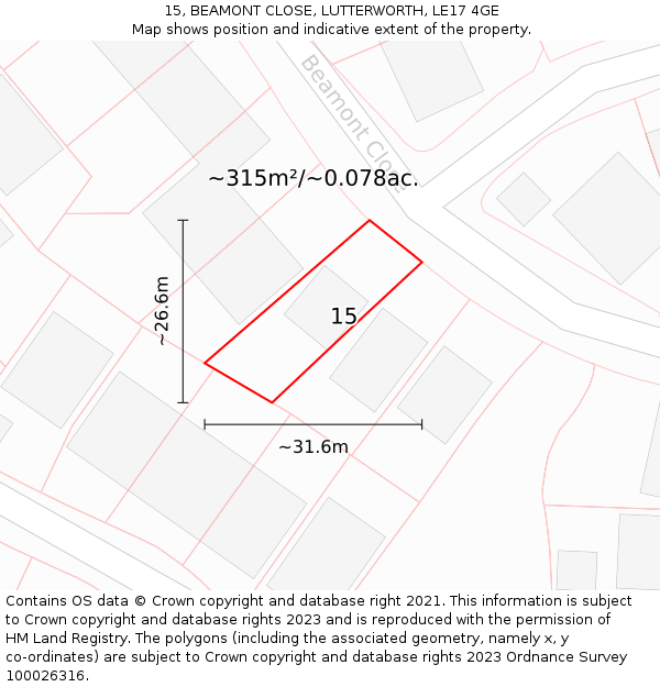 15, BEAMONT CLOSE, LUTTERWORTH, LE17 4GE: Plot and title map