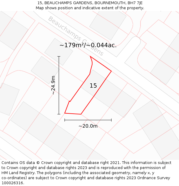 15, BEAUCHAMPS GARDENS, BOURNEMOUTH, BH7 7JE: Plot and title map