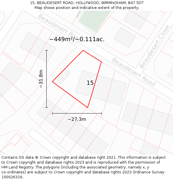 15, BEAUDESERT ROAD, HOLLYWOOD, BIRMINGHAM, B47 5DT: Plot and title map