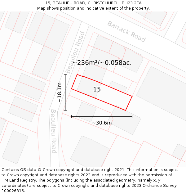 15, BEAULIEU ROAD, CHRISTCHURCH, BH23 2EA: Plot and title map