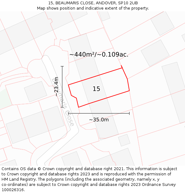 15, BEAUMARIS CLOSE, ANDOVER, SP10 2UB: Plot and title map
