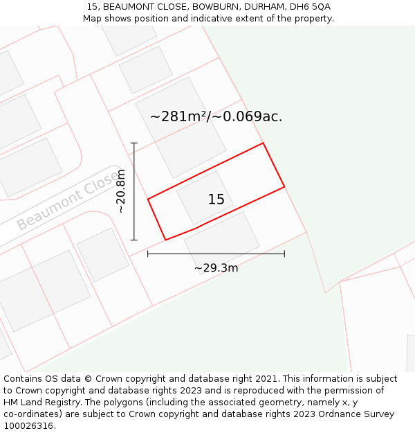 15, BEAUMONT CLOSE, BOWBURN, DURHAM, DH6 5QA: Plot and title map