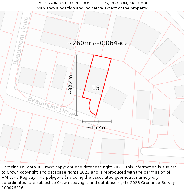 15, BEAUMONT DRIVE, DOVE HOLES, BUXTON, SK17 8BB: Plot and title map