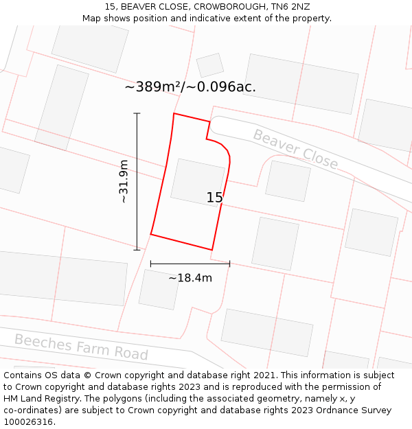 15, BEAVER CLOSE, CROWBOROUGH, TN6 2NZ: Plot and title map