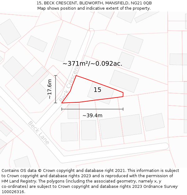 15, BECK CRESCENT, BLIDWORTH, MANSFIELD, NG21 0QB: Plot and title map